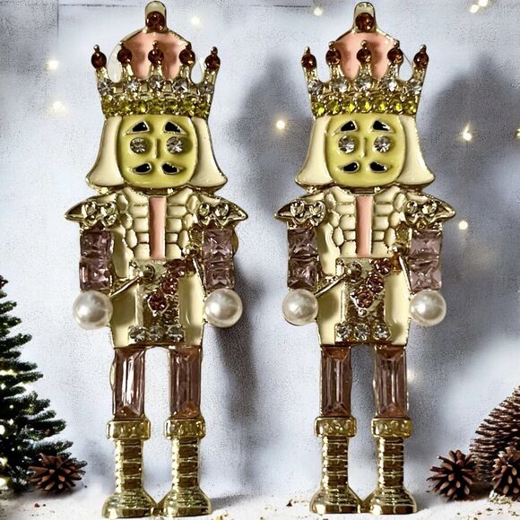 Festive Pink Nutcracker Stud Earrings with Shimmering Rhinestones - Picture 3 of 4